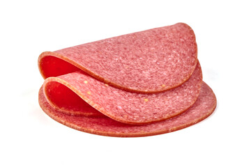 Salami smoked sausage slices, isolated on white background.