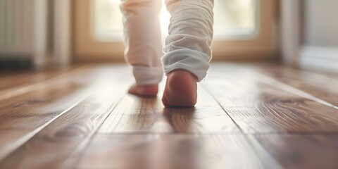 Baby's First Steps Wooden Floor in Morning Light. Concept Baby's First Steps, Wood Floor, Morning Light