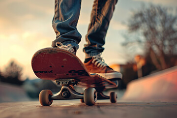 A skateboarder is riding a skateboard on a concrete surface
