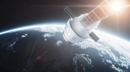 Obraz premium Conceptual model of a space vessel orbiter, detailed exterior with futuristic elements, orbiting a distant planet in a cosmic scene