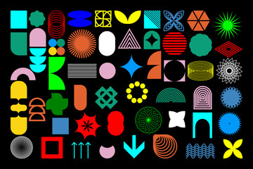 Obraz premium Bauhaus elements. Modern geometric abstract shapes in minimal style. Brutalism basic forms, lines, eye, circles and patterns, art vector set. Colorful figures and dots simple design