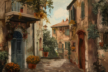 A painting of a narrow street with a blue door and a red door