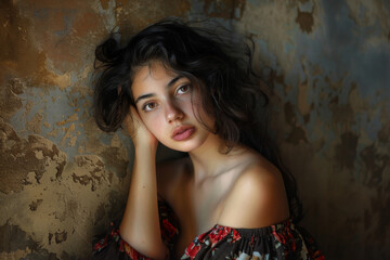 Fototapeta premium A woman with long hair is sitting on her knees and looking at the camera