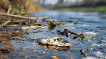 Fototapeta premium dead fish in the polluted water