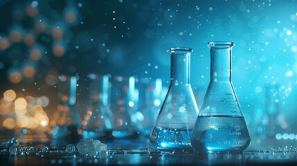 Two beakers of blue liquid sit on a table