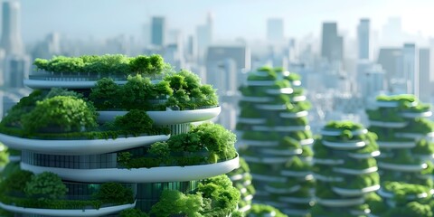 A Vision of the Future Eco City with Green Energy, Vertical Gardens, and Clean Water Channels. Concept Sustainable Urban Development, Green Technology, Eco-Friendly Infrastructure