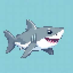 Fototapeta premium 灰色のサメ単体のドット絵イラスト