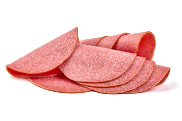 Thin salami sausage slices, isolated on white background.