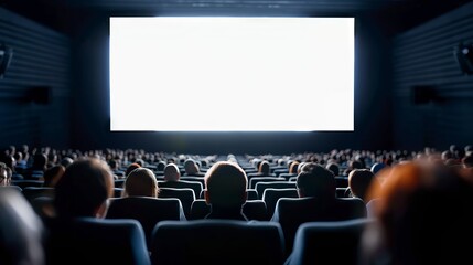A darkened movie theater with an empty screen and an audience eagerly awaiting the show.