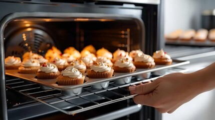 A hand pulls a tray of freshly baked cupcakes out of the oven.  The cupcakes are golden brown and have white frosting.