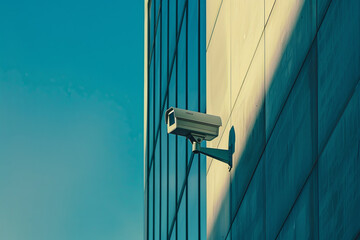 A security camera is mounted on a building