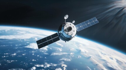 Obraz premium High-tech vessel model showcasing an orbiter's intricate details, floating in space with Earth in the background, emphasizing craftsmanship and engineering