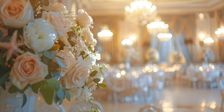 Elegant and Luxurious Intimate Wedding in a Ballroom with Chandeliers and Classic Floral Decor. Concept Intimate Wedding, Ballroom Venue, Chandeliers, Classic Florals, Elegant Luxurious