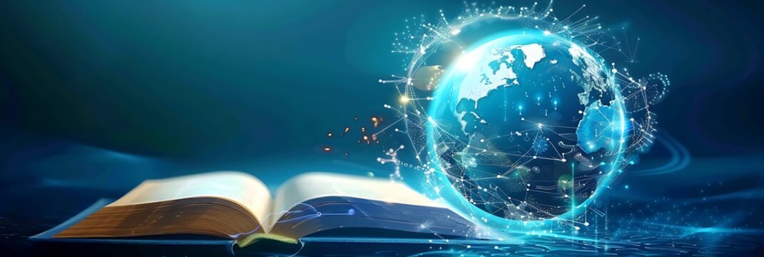 Futuristic global education with open book and globe map on blue background, Generative AI