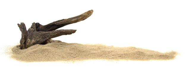 Pile desert sand dune and old log isolated on white background, high potential, side view