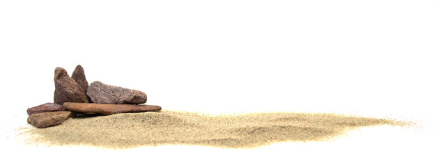 Pile desert sand dune and stone isolated on white background, high potential, side view