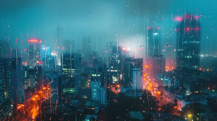 Obraz premium Moody urban cityscape with blurry buildings and colorful lights at night, filtered through window rain drops creating a cinematic atmosphere.