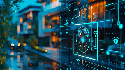 Smart home interface with security system displayed over modern house exterior at night.