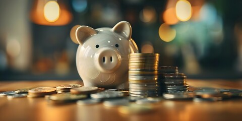 Financial Planning and Saving Concepts Illustrated with Piggy Bank and Coins. Concept Personal Finance, Savings Goals, Money Management, Financial Planning, Piggy Bank Illustration