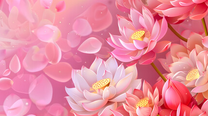 Illustration of pink lotus blooming, beautiful pink lotus flowers design for background, Asian style abstract pattern, luxury background with copy space.