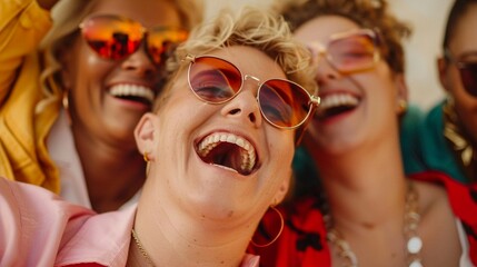 Group of plus-size friends laughing and enjoying time together, diverse and inclusive setting, highlighting confidence and camaraderie