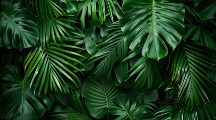 緑豊かなヤシの葉が画面いっぱいに広がる背景用テクスチャーのリアルイラスト