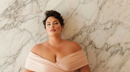 Plus-size beauty in a fashionable, glamorous dress, posing gracefully with an air of confidence and allure, set against a sophisticated backdrop