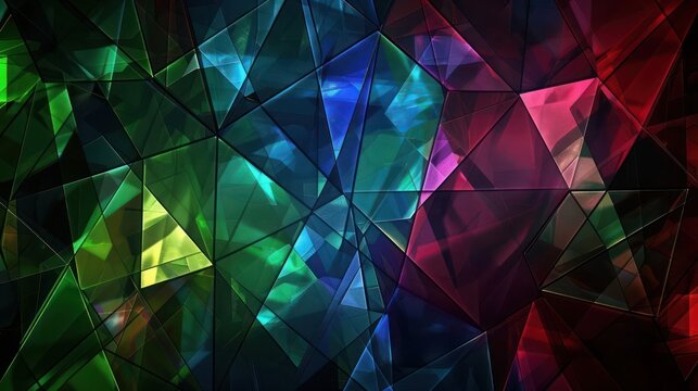 A stunning abstract background featuring geometric patterns in emerald green, sapphire blue, ruby red, and amethyst purple. 