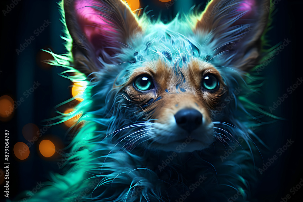 Sticker Neon Fox Illustration with Green and Blue Colors