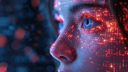 Close-up of a digital AI avatar with neon light accents, showcasing advanced artificial intelligence technology in a dark, tech-driven environment