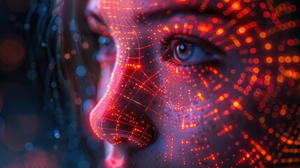 Close-up of a digital AI avatar with neon light accents, showcasing advanced artificial intelligence technology in a dark, tech-driven environment