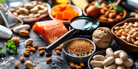 Examining Allergy Triggers Magnified View of "ALLERGY" Surrounded by Allergenic Foods. Concept Allergy Triggers, Magnified View, Allergic Reactions, Food Allergens, Allergy Awareness,