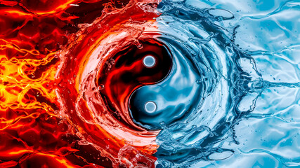 Water splash with yin and yang symbol. Fire and ice color cencept 