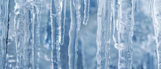 Panoramic close-up, high detail scan of thin icicles texture, Generative AI 