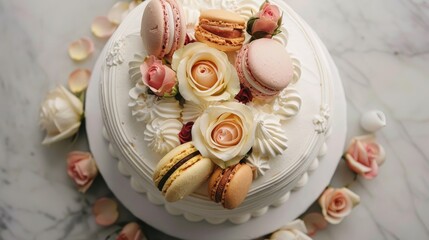 Top view of a white wedding cake adorned with macarons and roses