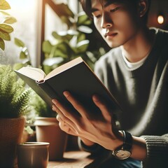 A person holding an open book, a moment of quiet contemplation and learning.