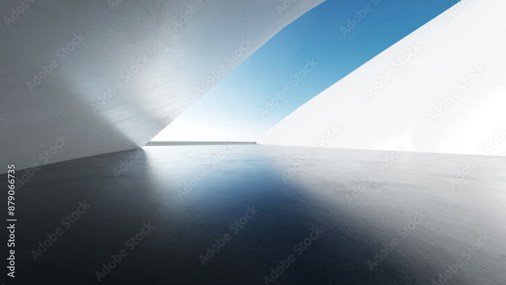Poster 3d render of abstract modern architecture with empty concrete floor, minimal white exterior, car pre