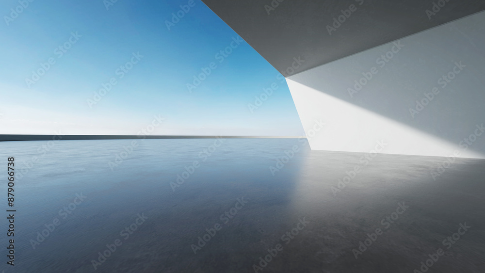 Poster 3d render of abstract modern architecture with empty concrete floor, minimal white exterior, car pre