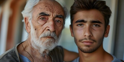 Serious expressions of elderly man and young man looking at the camera. Concept Portrait Photography, Serious Expressions, Generational Contrast