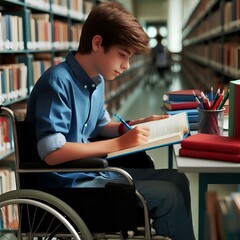 A disabled boy in a wheelchair studying in a library.