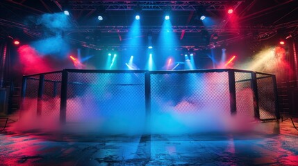 Empty Octagon MMA Cage with Fog and Lights