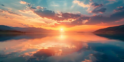 Fototapeta premium Serene Sunset at Lake with Orange Clouds Reflecting in Water. Concept Orange Clouds, Lake Reflection, Sunset Photography, Serene Landscape, Nature Beauty