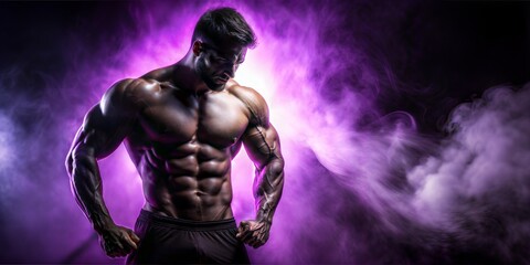 a dark silhouette of a muscular man in the right side. make it black. add a slight touch of purple. the man should be in the right side  