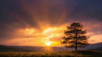 Generative AI, Sunset Serenity: A Lone Tree in a Glowing Field