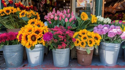Fototapeta premium Colorful Flowers in Buckets