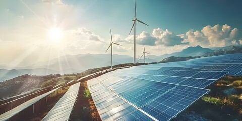 Harnessing Renewable Energy in Beautiful Landscapes. Concept Natural Landscapes, Renewable Energy, Sustainability Goals, Solar Power, Wind Farms