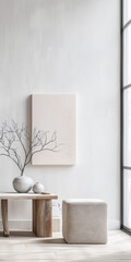 Minimalist living room interiors with plain window lighting, minimal furniture ornaments and copy space. Interiors designer composition in neutral colors.