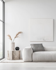 Minimalist living room interiors with plain window lighting, minimal furniture ornaments and copy space. Interiors designer composition in neutral colors.