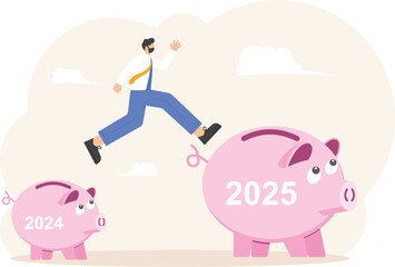 Businessman jumping on a piggy bank. Money saving in 2025. Financial management. savings and security of money storage for New Year. Budget Planning. Flat design vector illustration concept.

