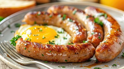Fototapeta premium Delicious breakfast with fried eggs and sausages served.